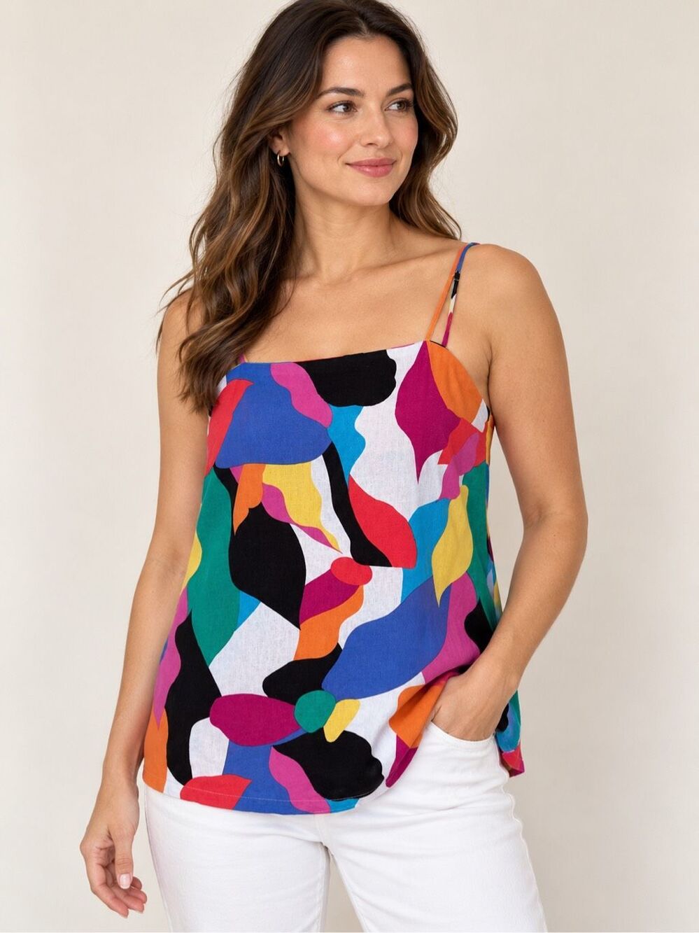 A New Day Womens L Multicolor Abstract Print Linen Blend Cami Tank Top